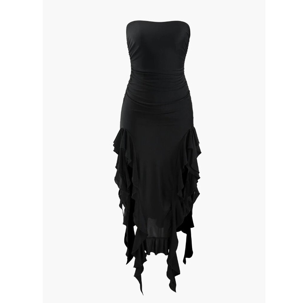 Ruffle Hem Slit Strapless Midi Dress
